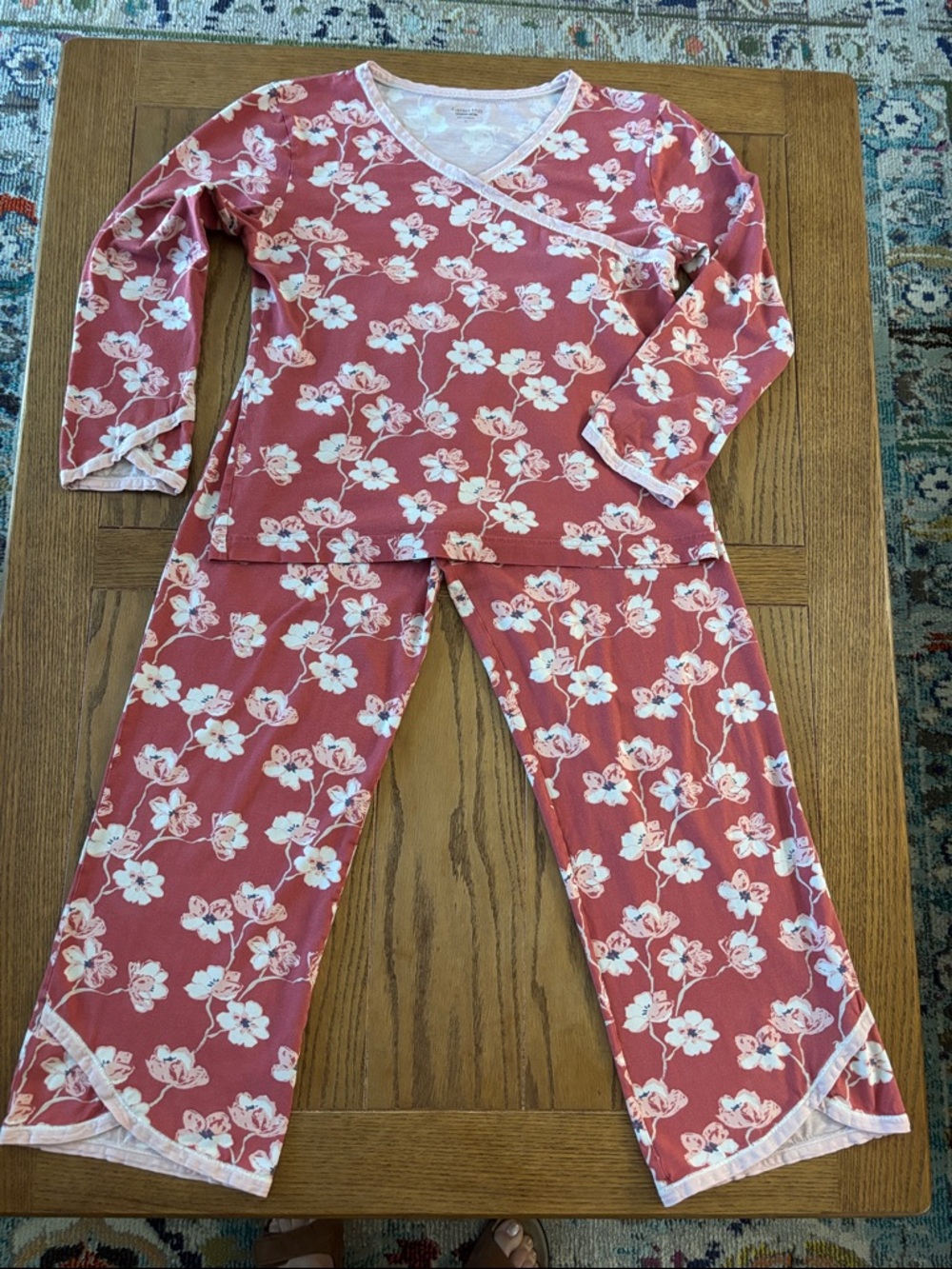 Garnet Hill Asian Wrap Organic Cotton Full Length Pajama Set Pink Floral